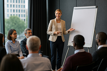 A smart woman presenting to a room of executives