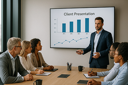 Man presenting a client presentation to colleagues